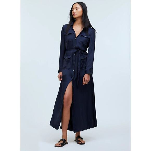 Madewell Women's Button-Front Utility Shirtdress in Satin Deep Indigo Size Small - Picture 1 of 16
